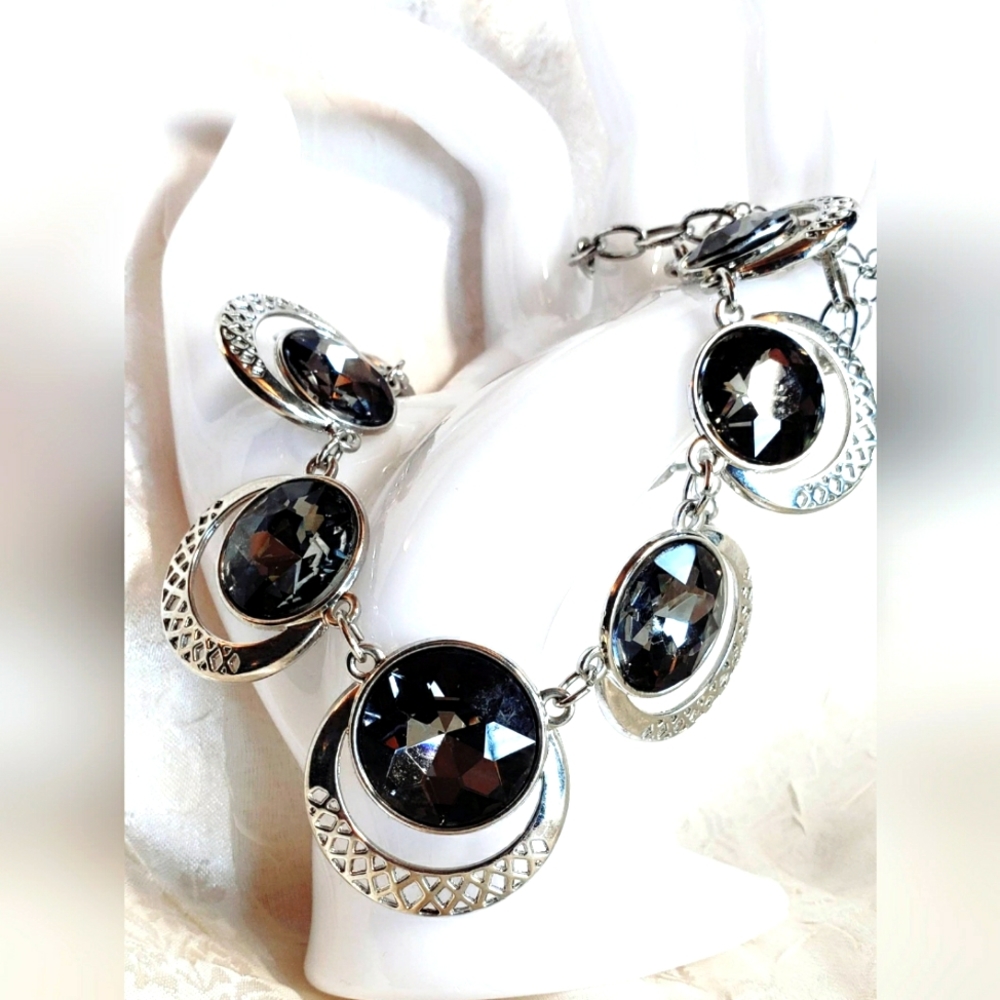 Lane Bryant Dressy Necklace with Clear Grey Gem Stones and Matching Earings.
